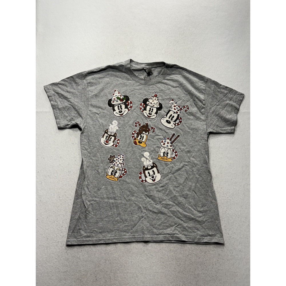 Gildan Mens Large Gray Disney Christmas Hot Cocoa Mugs Graphic Tee Mickey Mouse